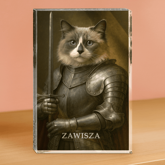 Portret kota rycerza - blok akrylowy - prostokąt dla miłośnika kotów - Emmygift.pl