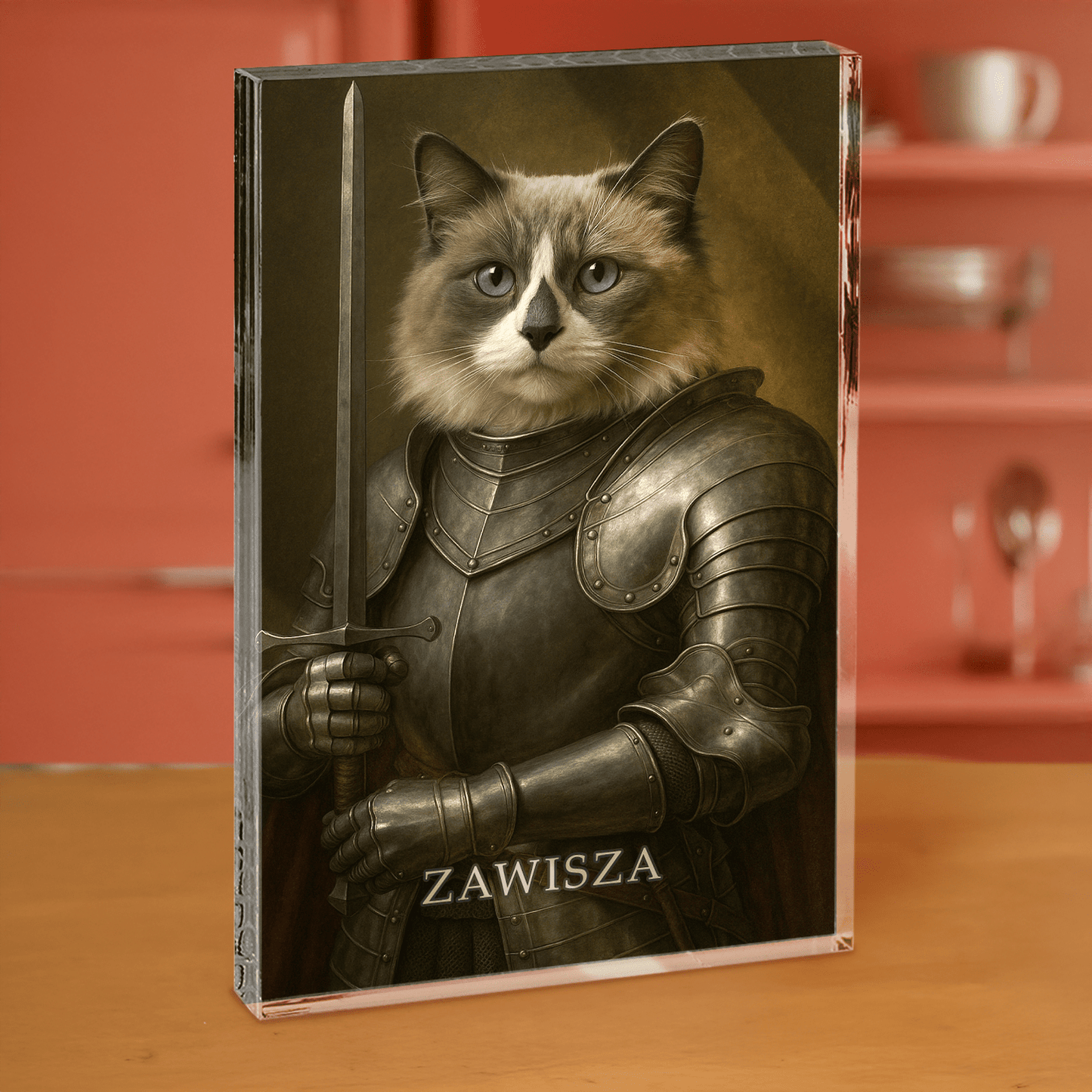 Portret kota rycerza - blok akrylowy - prostokąt dla miłośnika kotów - Emmygift.pl