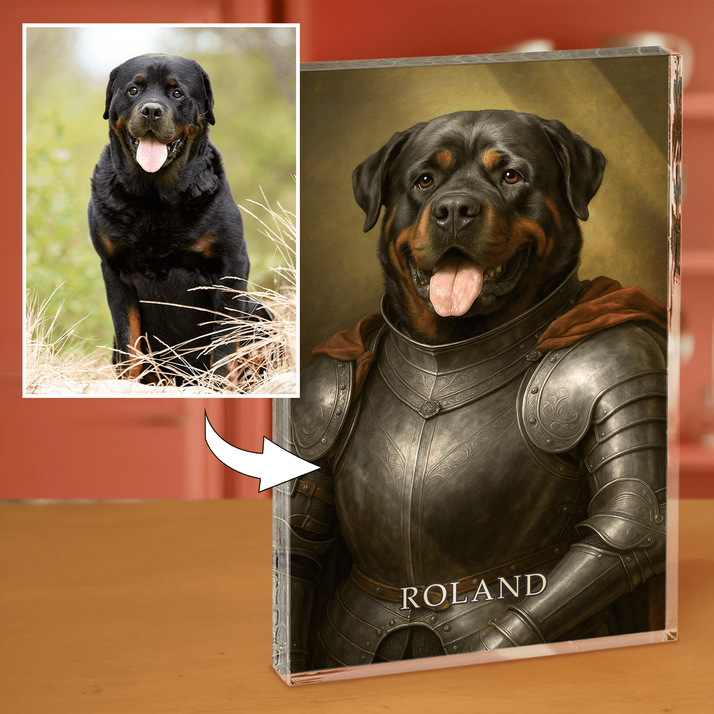 Portret psa jako rycerza - blok akrylowy - prostokąt dla miłośnika psów - Emmygift.pl