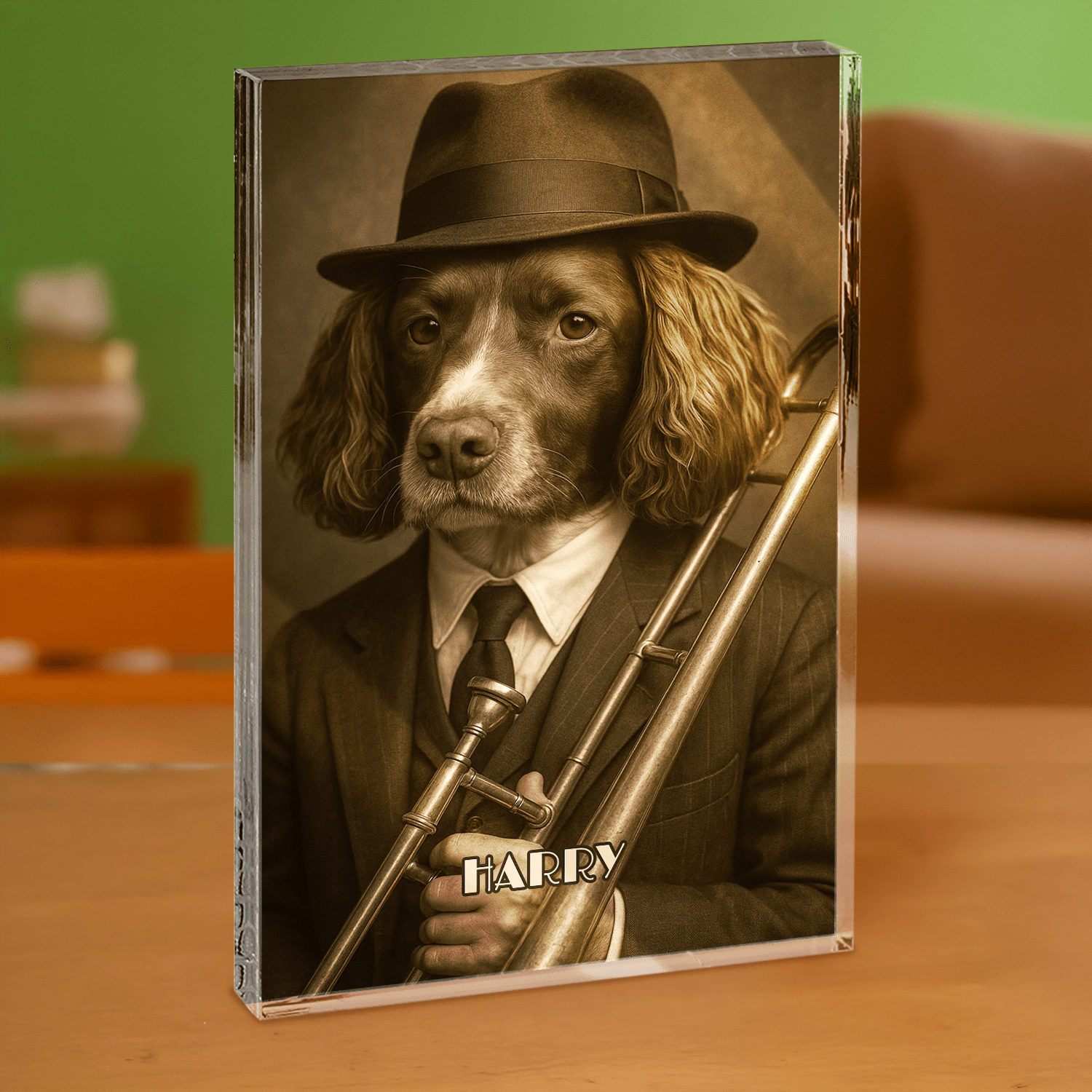 Portret psa muzyka - blok akrylowy - prostokąt dla miłośnika psów - Emmygift.pl