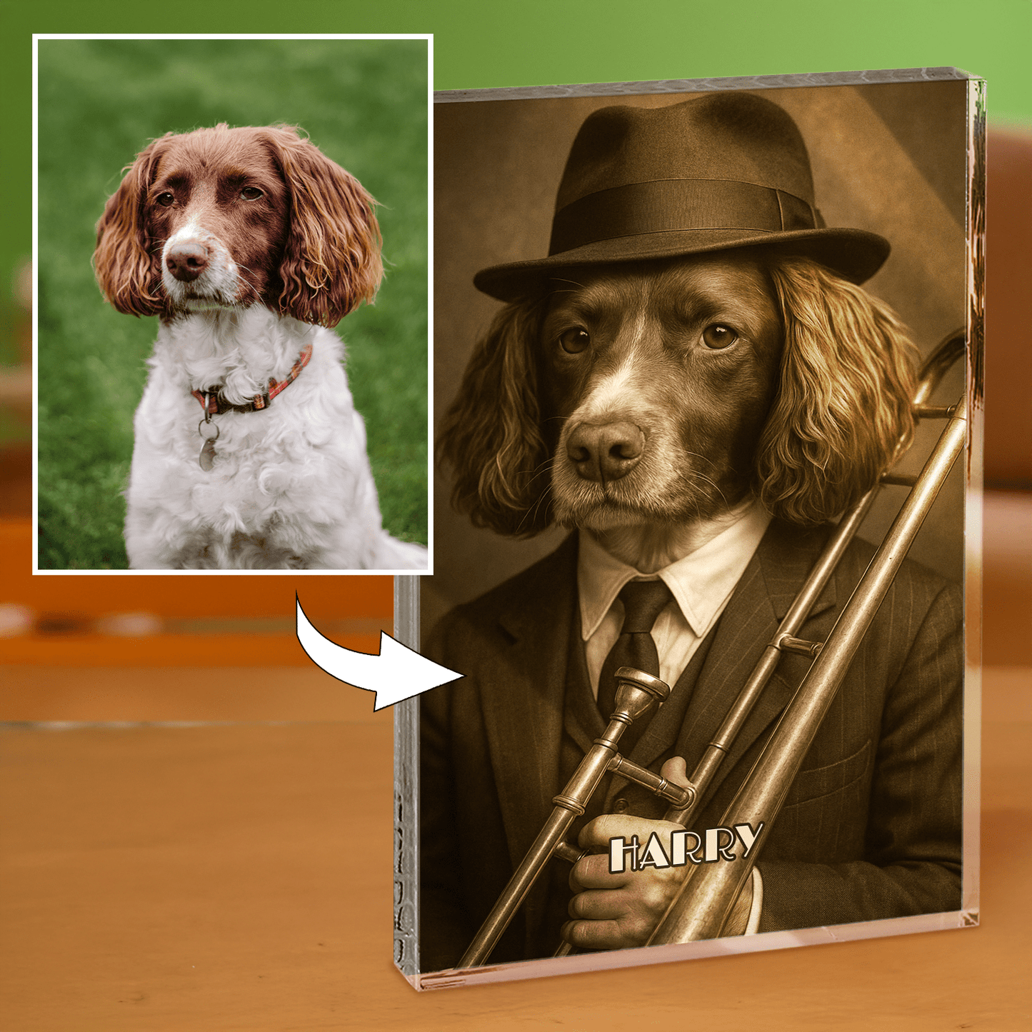 Portret psa muzyka - blok akrylowy - prostokąt dla miłośnika psów - Emmygift.pl