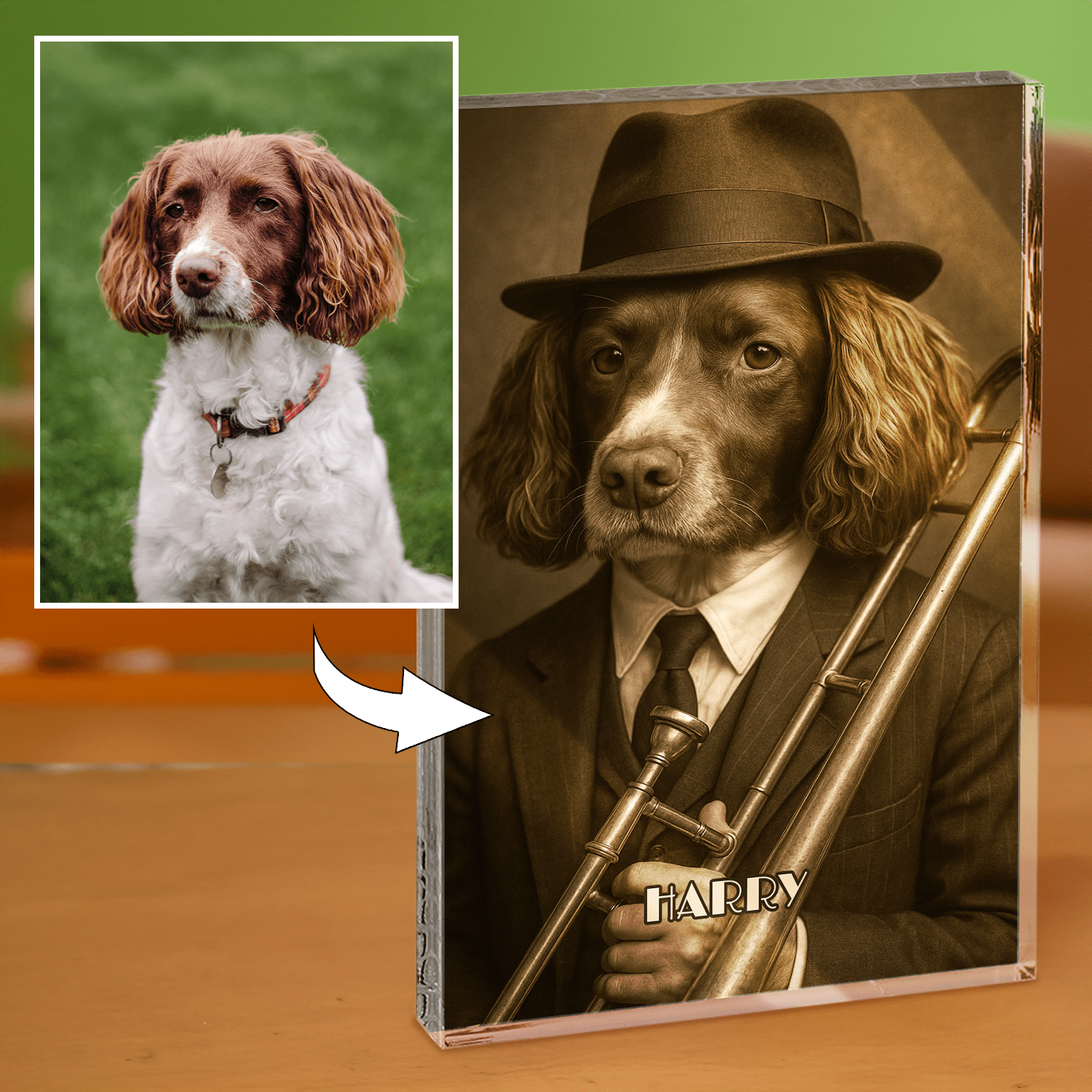 Portret psa muzyka - blok akrylowy - prostokąt dla miłośnika psów - Emmygift.pl