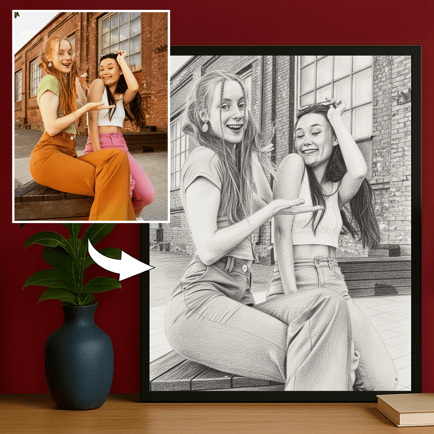 Przyjaciółki jak narysowane ołówkiem - portret na plakacie dla przyjaciółki - Emmygift.pl