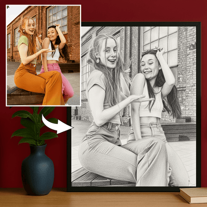 Przyjaciółki jak narysowane ołówkiem - portret na plakacie dla przyjaciółki - Emmygift.pl
