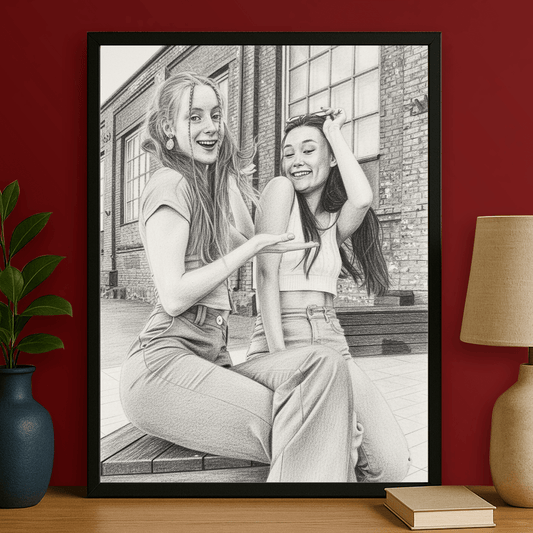 Przyjaciółki jak narysowane ołówkiem - portret na plakacie dla przyjaciółki - Emmygift.pl