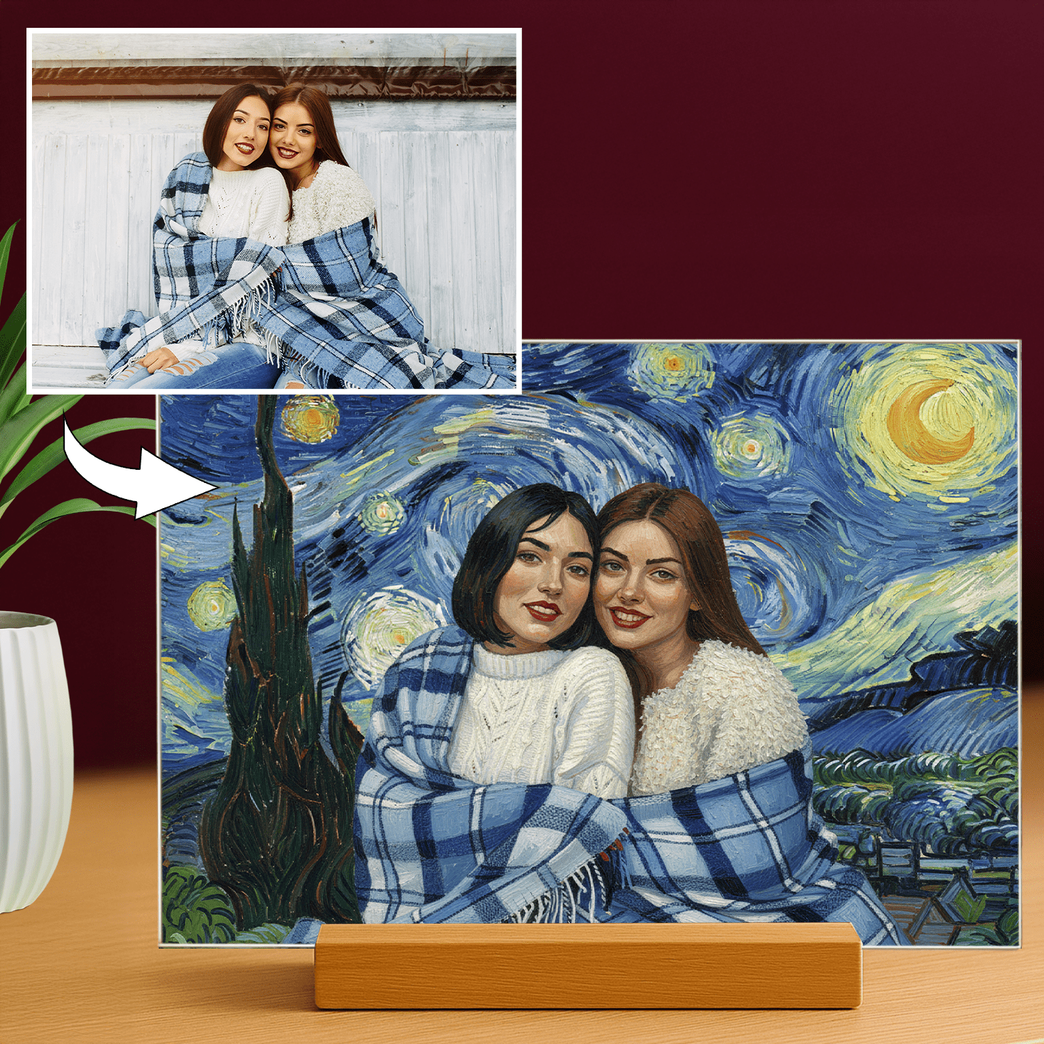Przyjaciółki w stylu obrazów Van Gogha - portret na szkle akrylowym dla przyjaciółki - Emmygift.pl