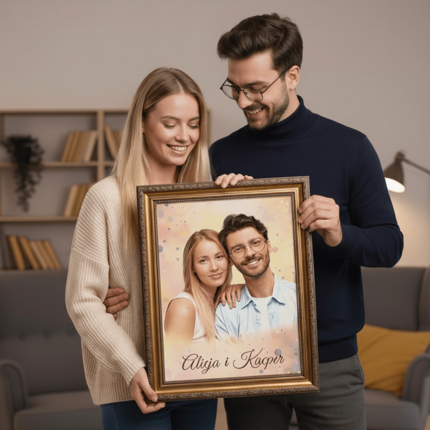 Realistyczny portret pary + imiona - personalizowany obraz na płótnie dla pary - Emmygift.pl