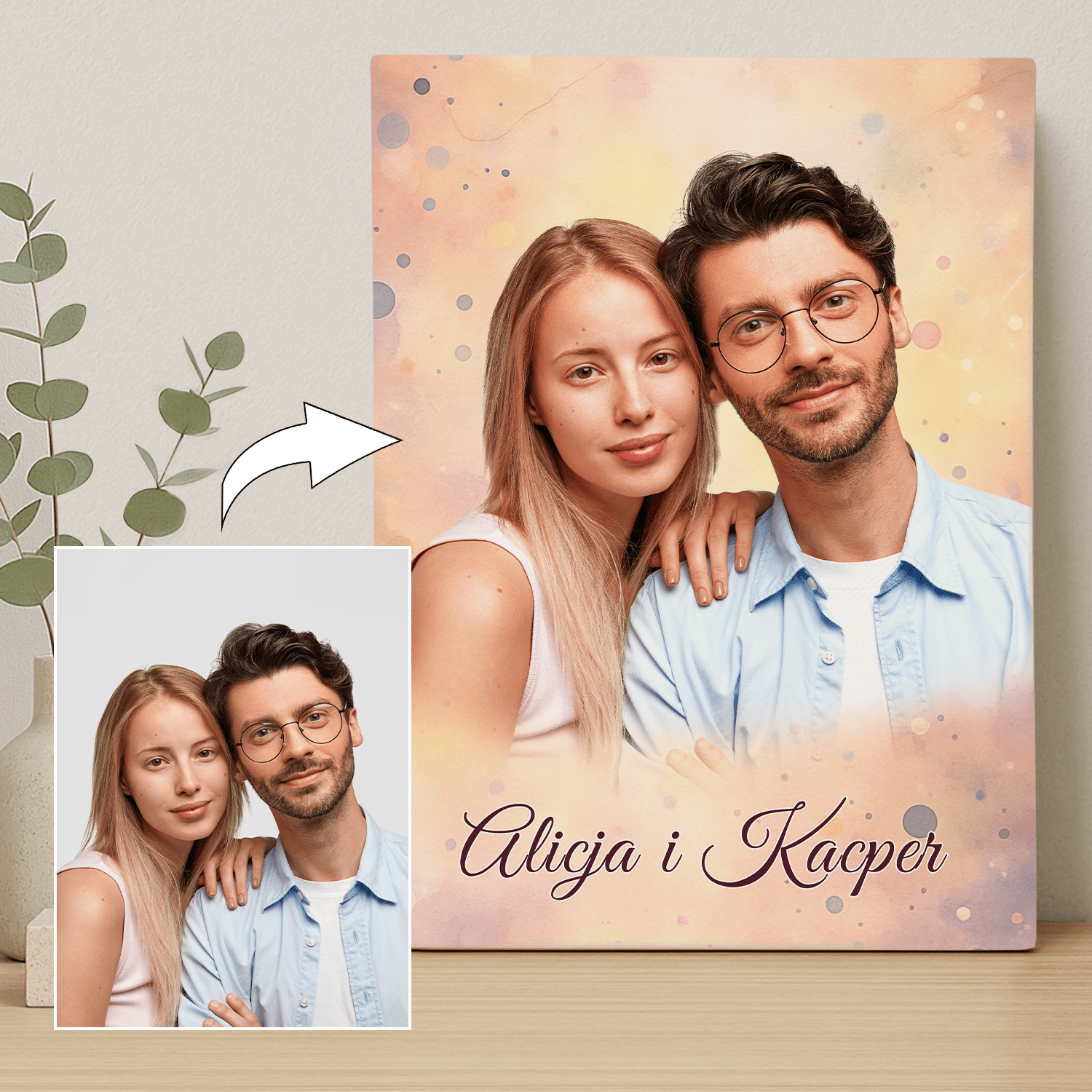 Realistyczny portret pary + imiona - personalizowany obraz na płótnie dla pary - Emmygift.pl