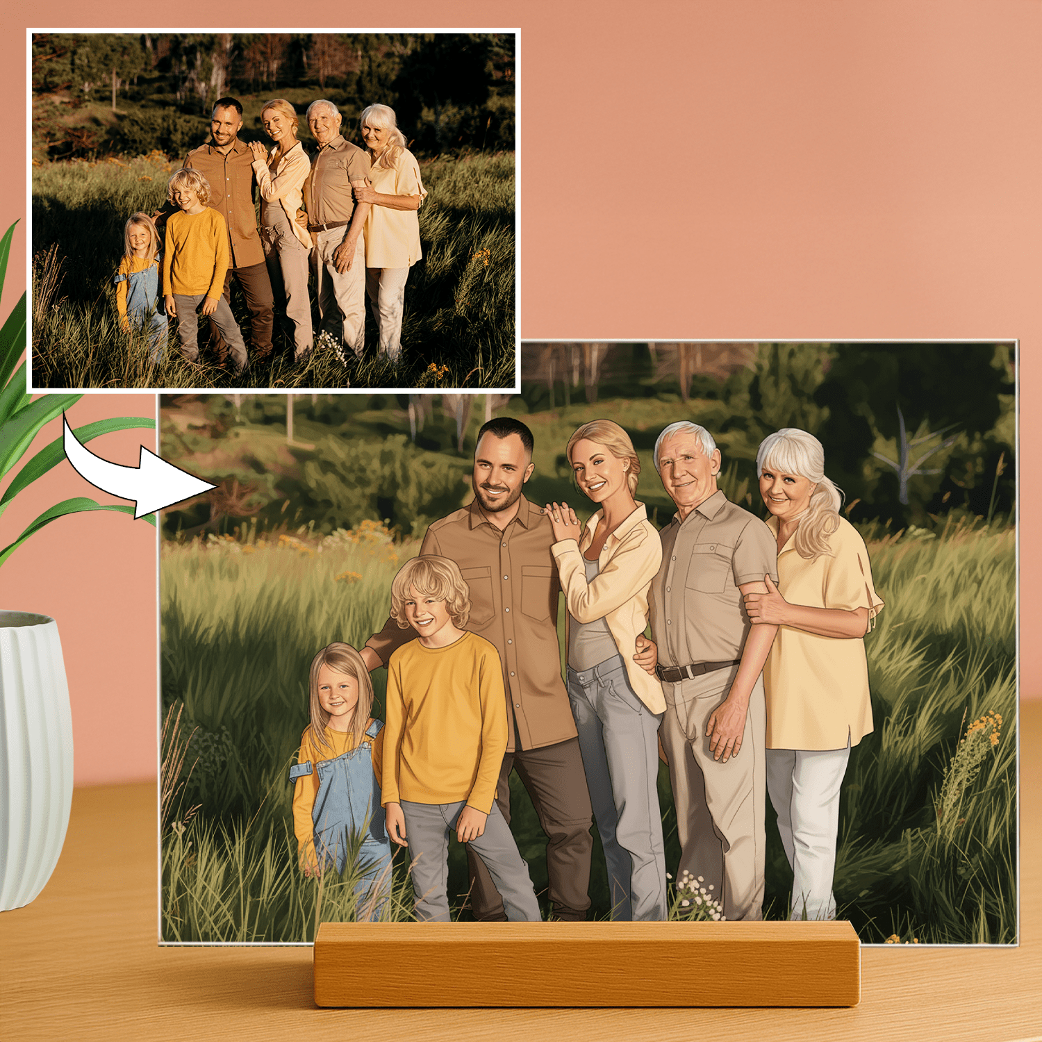 Rodzina w kreskówkowym stylu - portret na szkle akrylowym dla rodziców - Emmygift.pl
