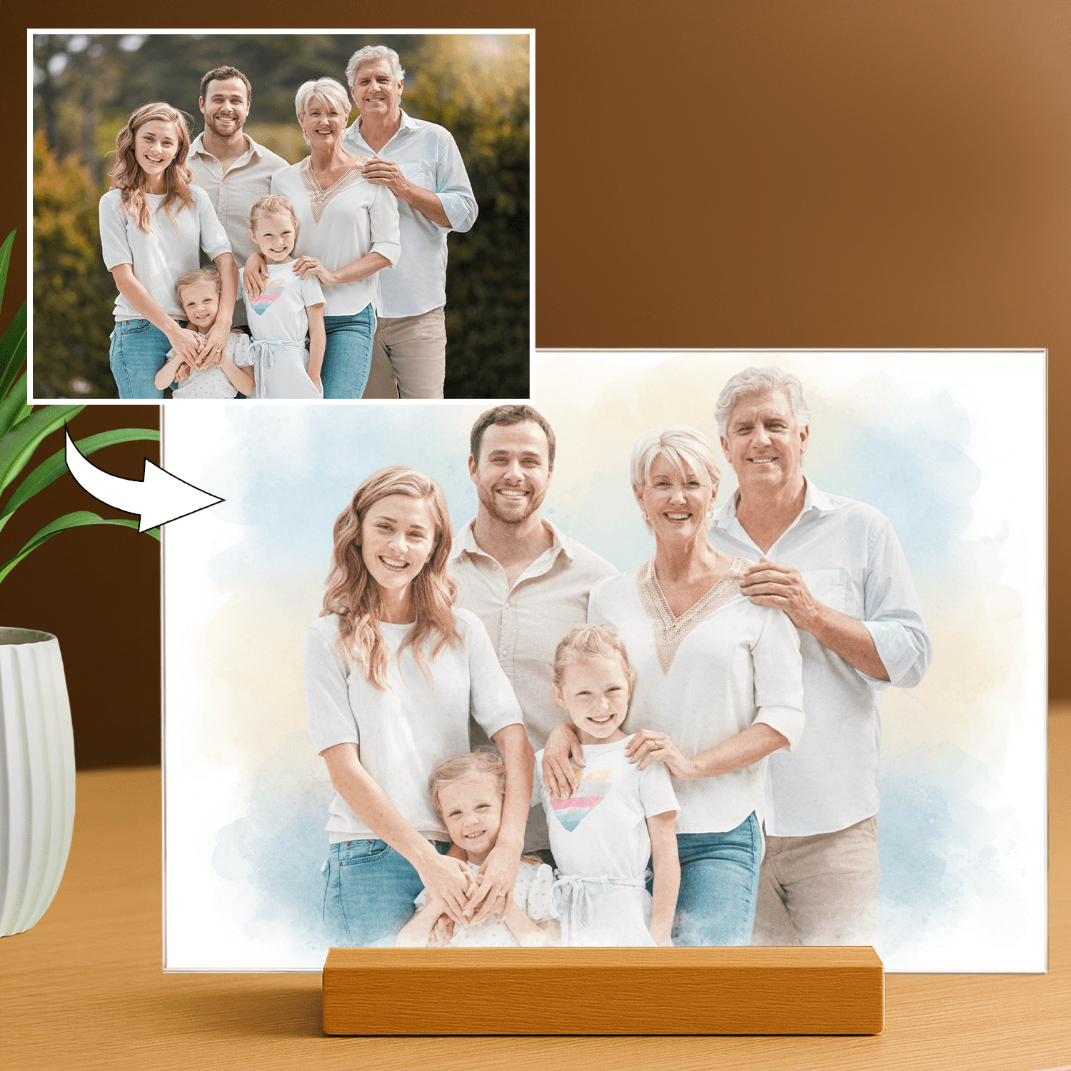 Rodzina w stylu akwarelowym - portret na szkle akrylowym dla rodziców - Emmygift.pl