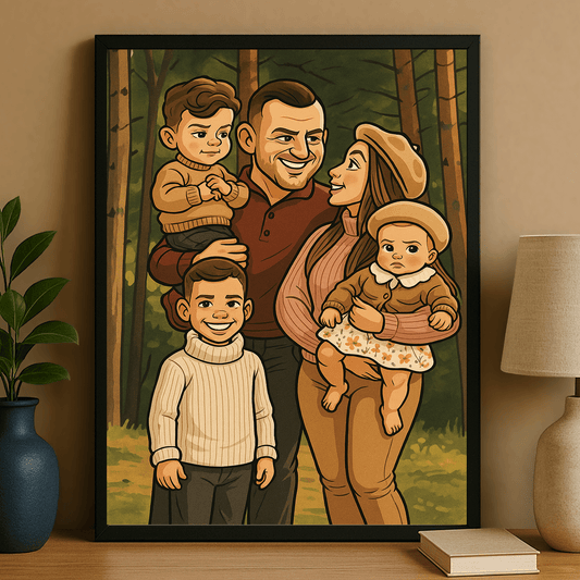 Rodzina w stylu komiksowego realizmu - portret na plakacie dla rodziców - Emmygift.pl