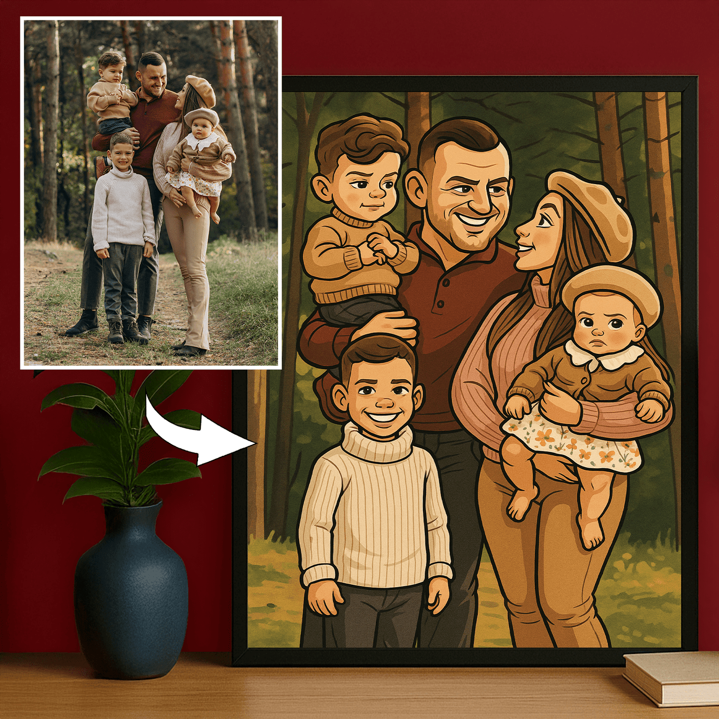 Rodzina w stylu komiksowego realizmu - portret na plakacie dla rodziców - Emmygift.pl