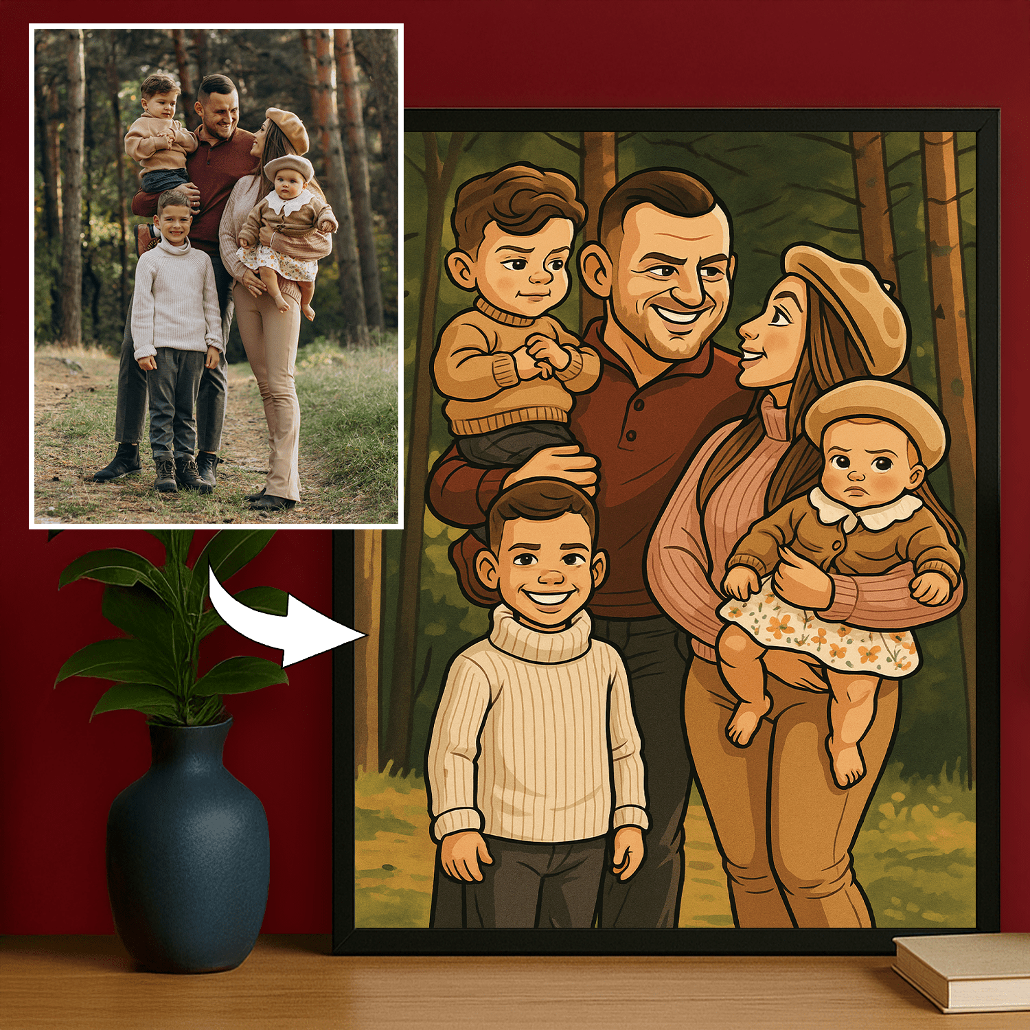 Rodzina w stylu komiksowego realizmu - portret na plakacie dla rodziców - Emmygift.pl