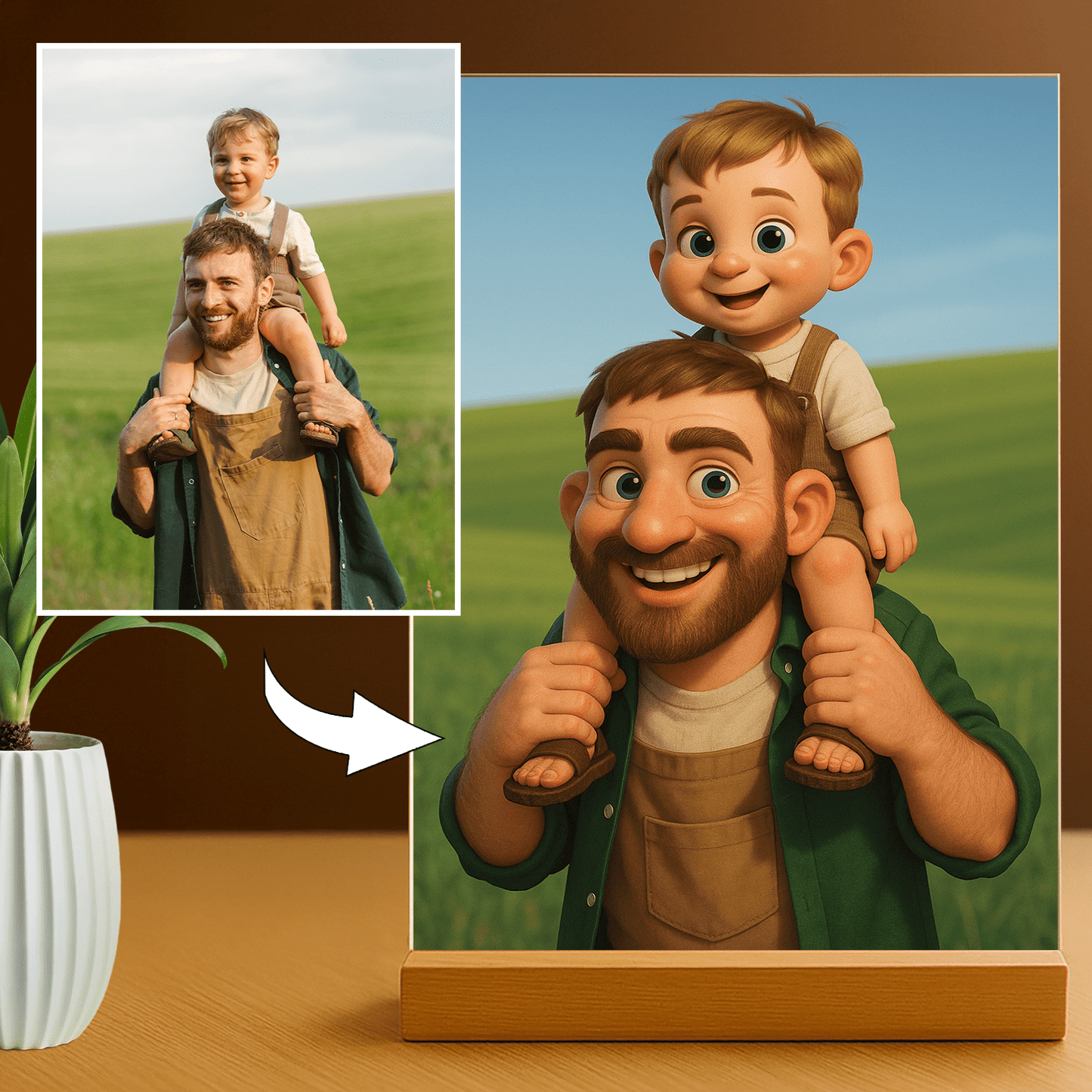 Rodzinna bajkowa ilustracja - portret na szkle akrylowym dla taty - Emmygift.pl