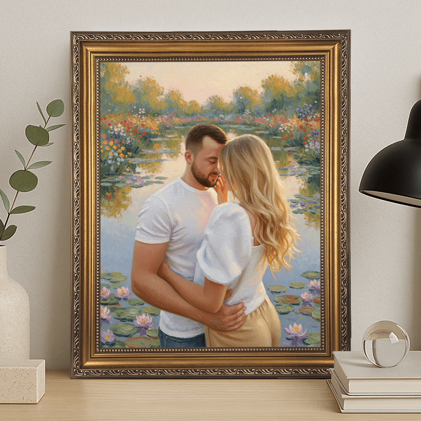 Spacer we dwoje nad stawem - portret na płótnie dla pary - Emmygift.pl