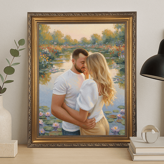 Spacer we dwoje nad stawem - portret na płótnie dla pary - Emmygift.pl