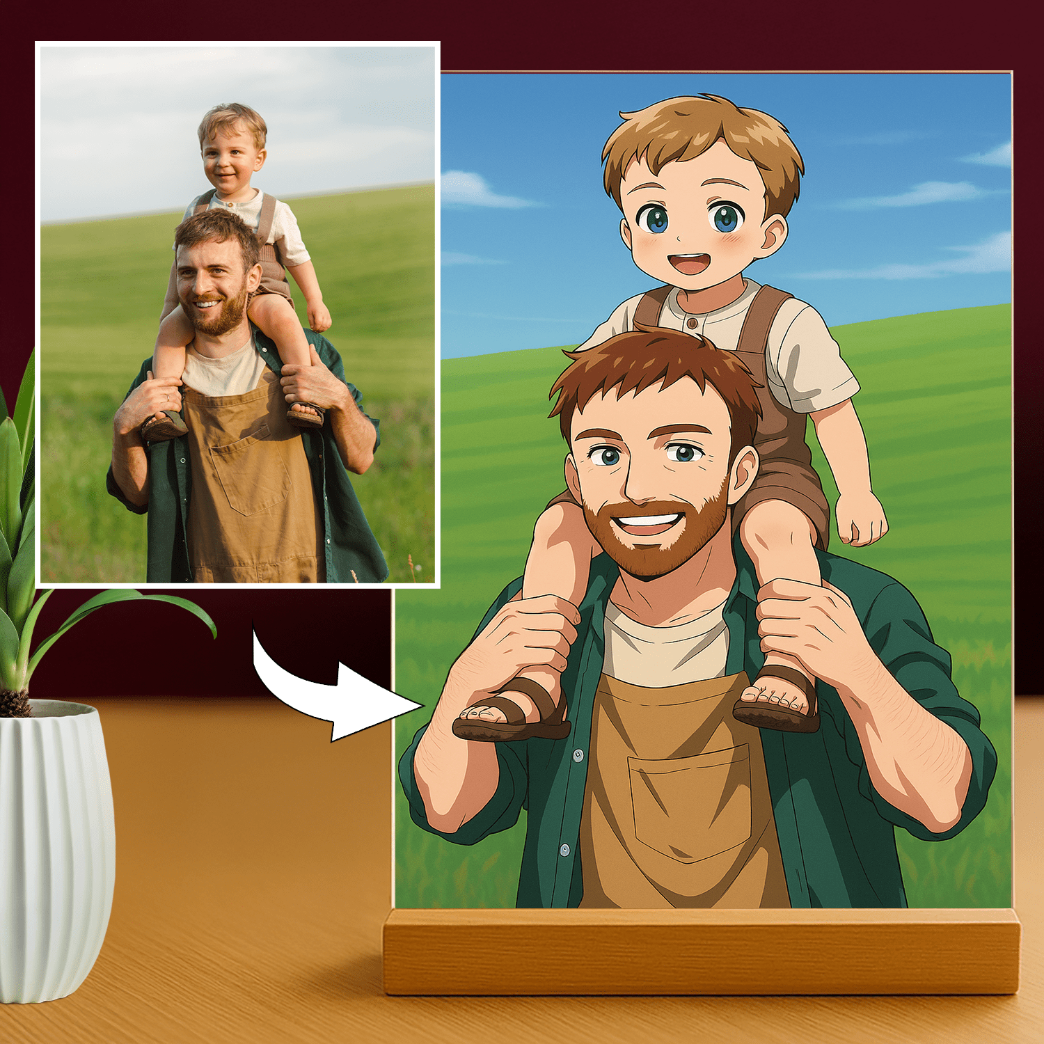 Tata i syn w stylu Anime - portret na szkle akrylowym dla taty - Emmygift.pl