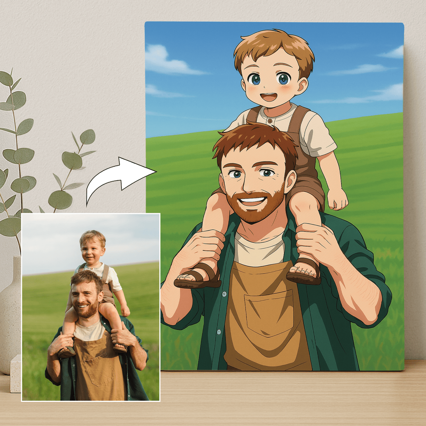 Tata z synem w stylu Anime - portret na płótnie dla taty - Emmygift.pl