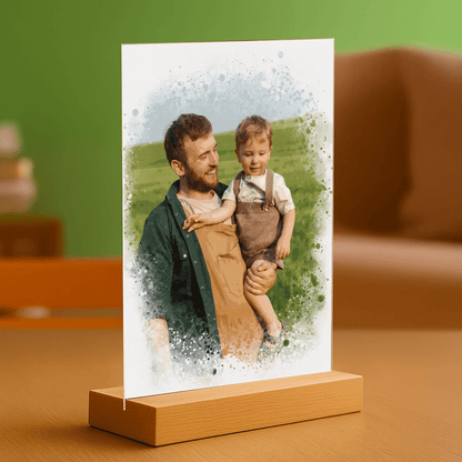 Tata z synkiem w stylu watercolor - portret na szkle akrylowym dla taty - Emmygift.pl