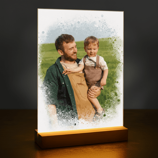 Tata z synkiem w stylu watercolor - portret na szkle akrylowym dla taty - Emmygift.pl