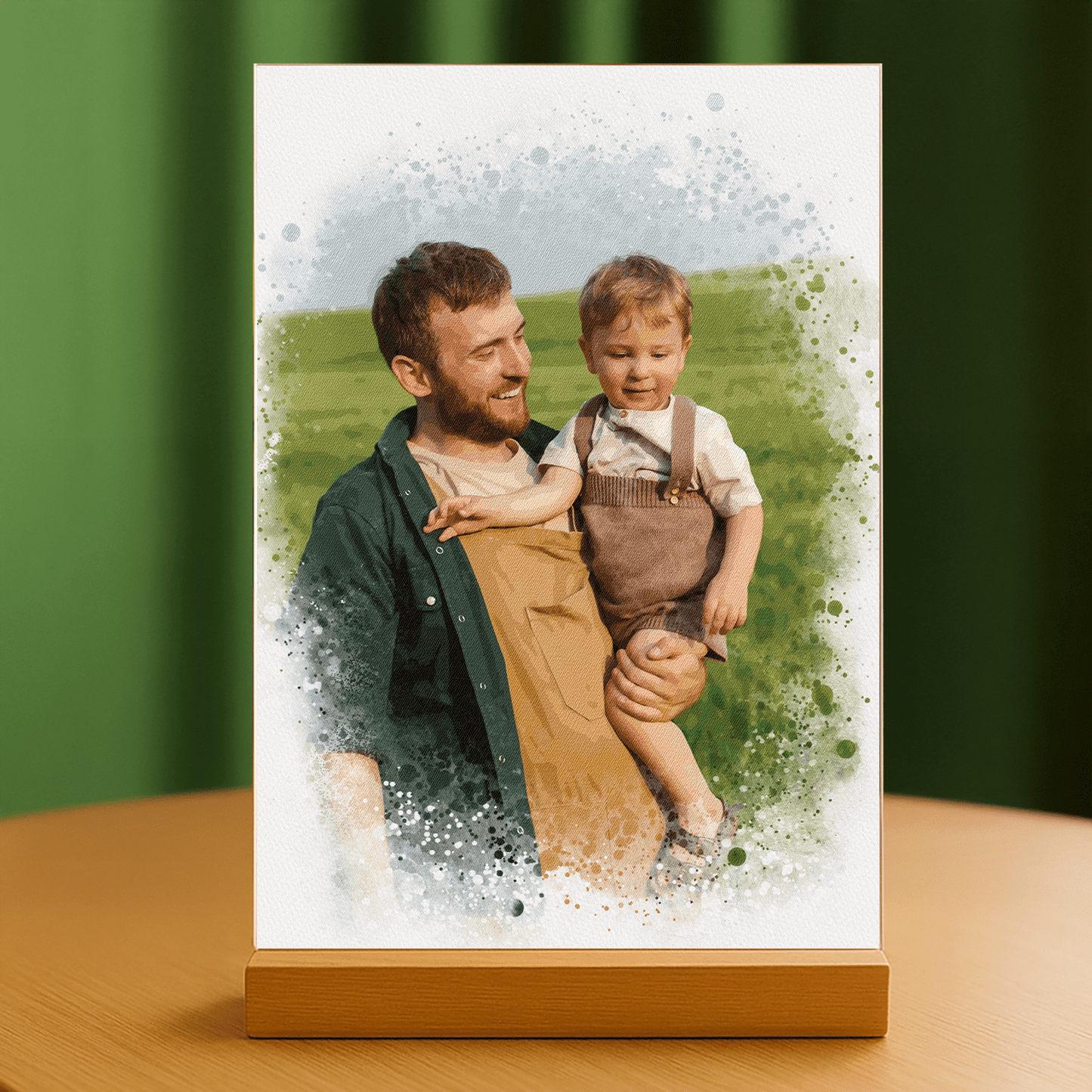 Tata z synkiem w stylu watercolor - portret na szkle akrylowym dla taty - Emmygift.pl