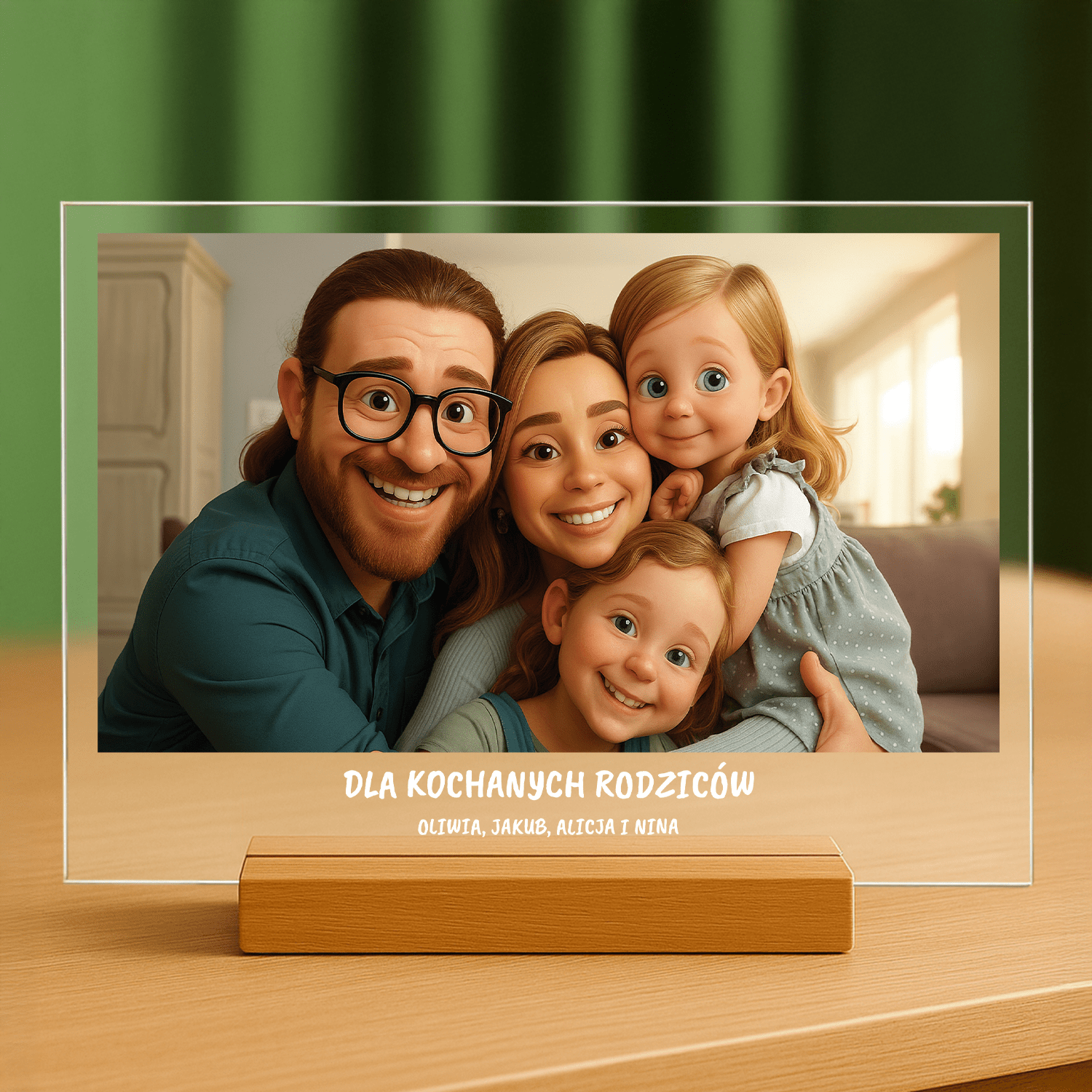 Twoja rodzina w stylu animacji 3D - portret na szkle akrylowym dla rodziców - Emmygift.pl