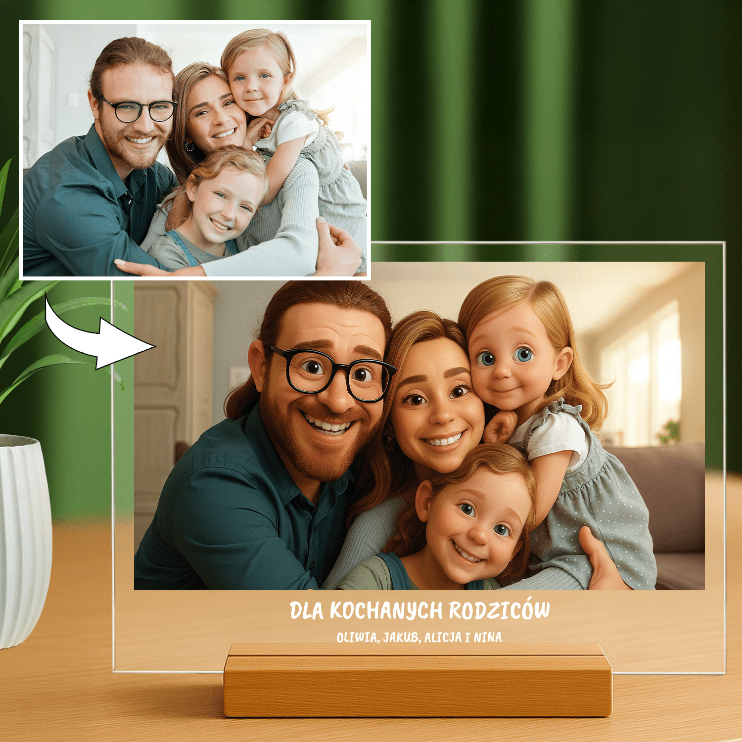 Twoja rodzina w stylu animacji 3D - portret na szkle akrylowym dla rodziców - Emmygift.pl