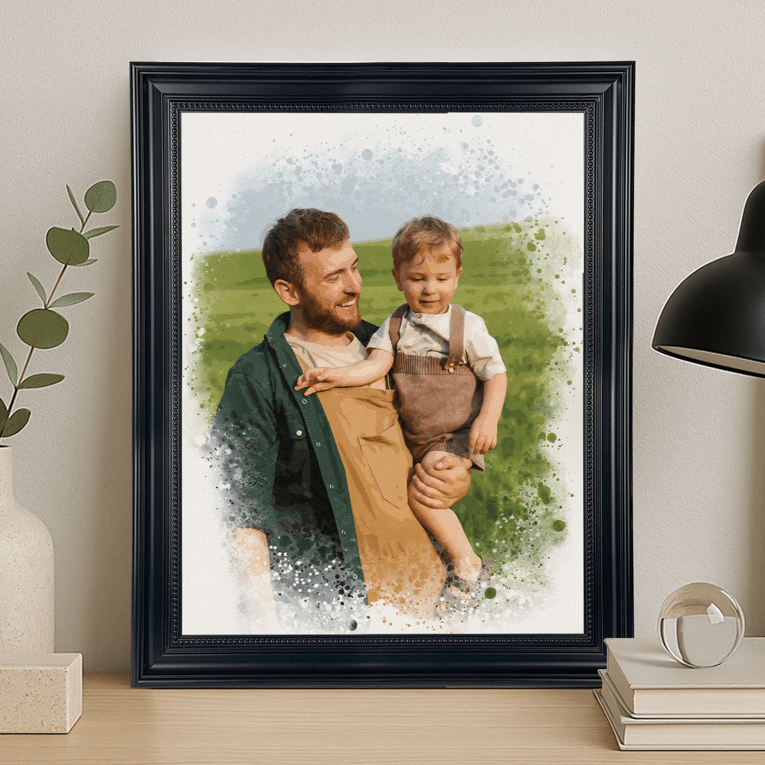 Watercolor tata z synem - portret na płótnie dla taty - Emmygift.pl