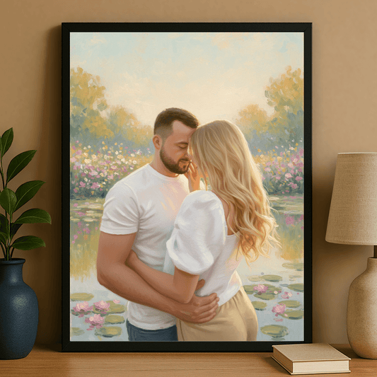 Zakochana para nad stawem - portret na plakacie dla pary - Emmygift.pl