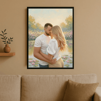 Zakochana para nad stawem - portret na plakacie dla pary - Emmygift.pl