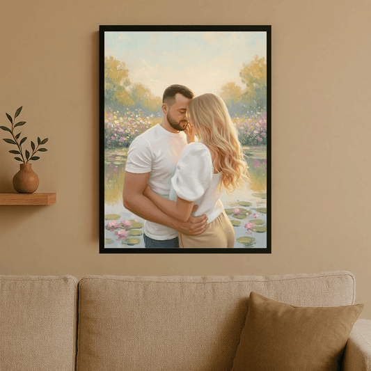 Zakochana para nad stawem - portret na plakacie dla pary - Emmygift.pl