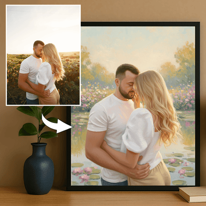 Zakochana para nad stawem - portret na plakacie dla pary - Emmygift.pl
