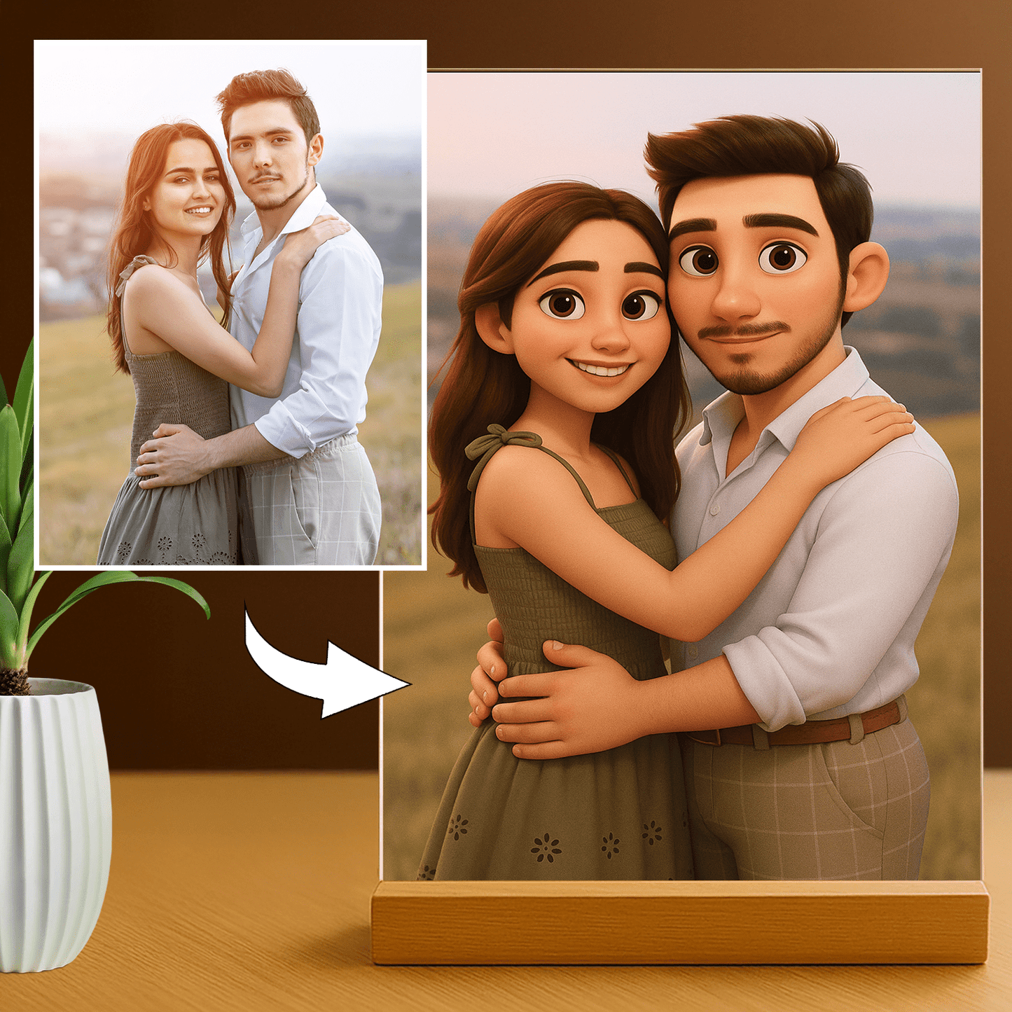 Zakochana para w stylu animacji 3D - portret na szkle akrylowym dla pary - Emmygift.pl