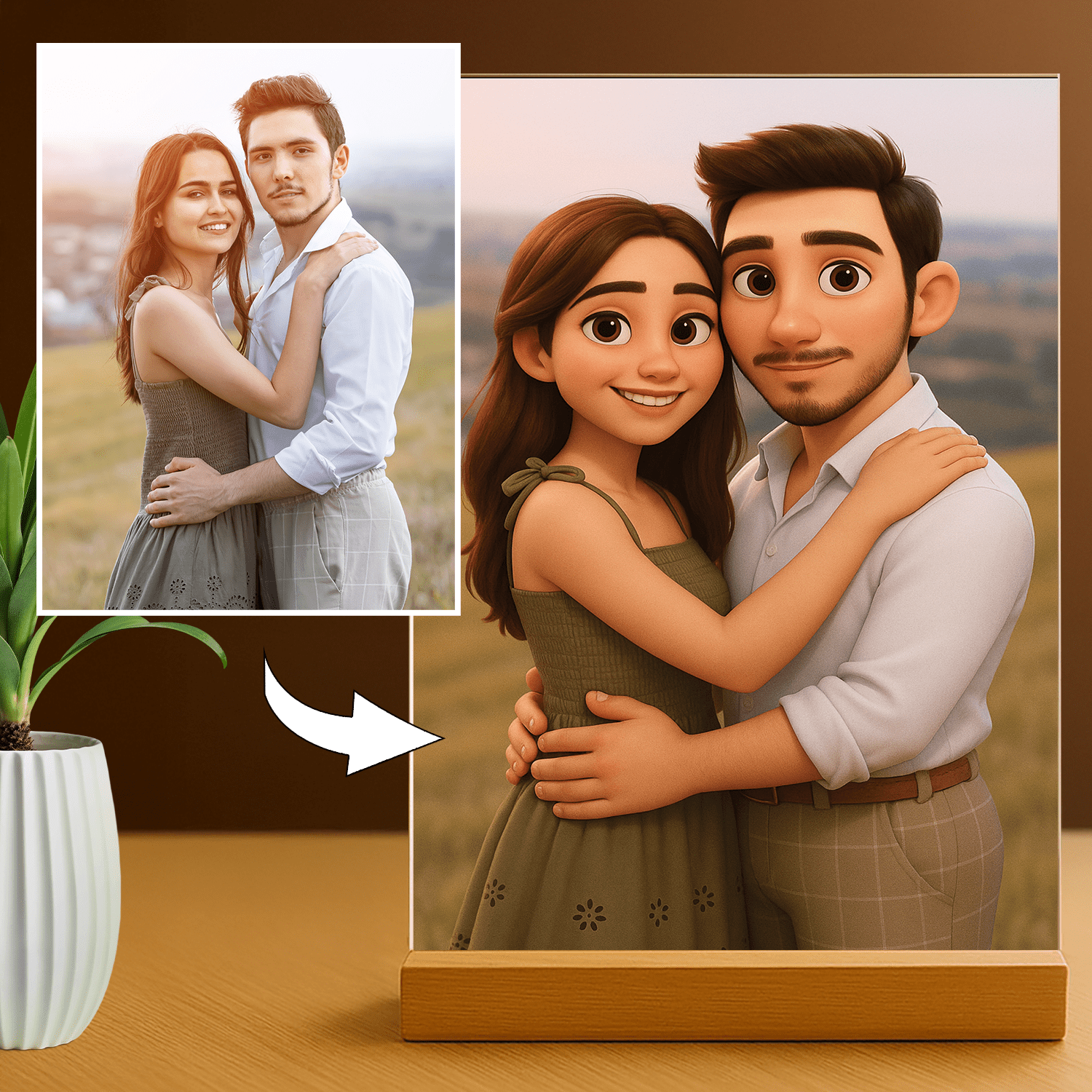 Zakochana para w stylu animacji 3D - portret na szkle akrylowym dla pary - Emmygift.pl