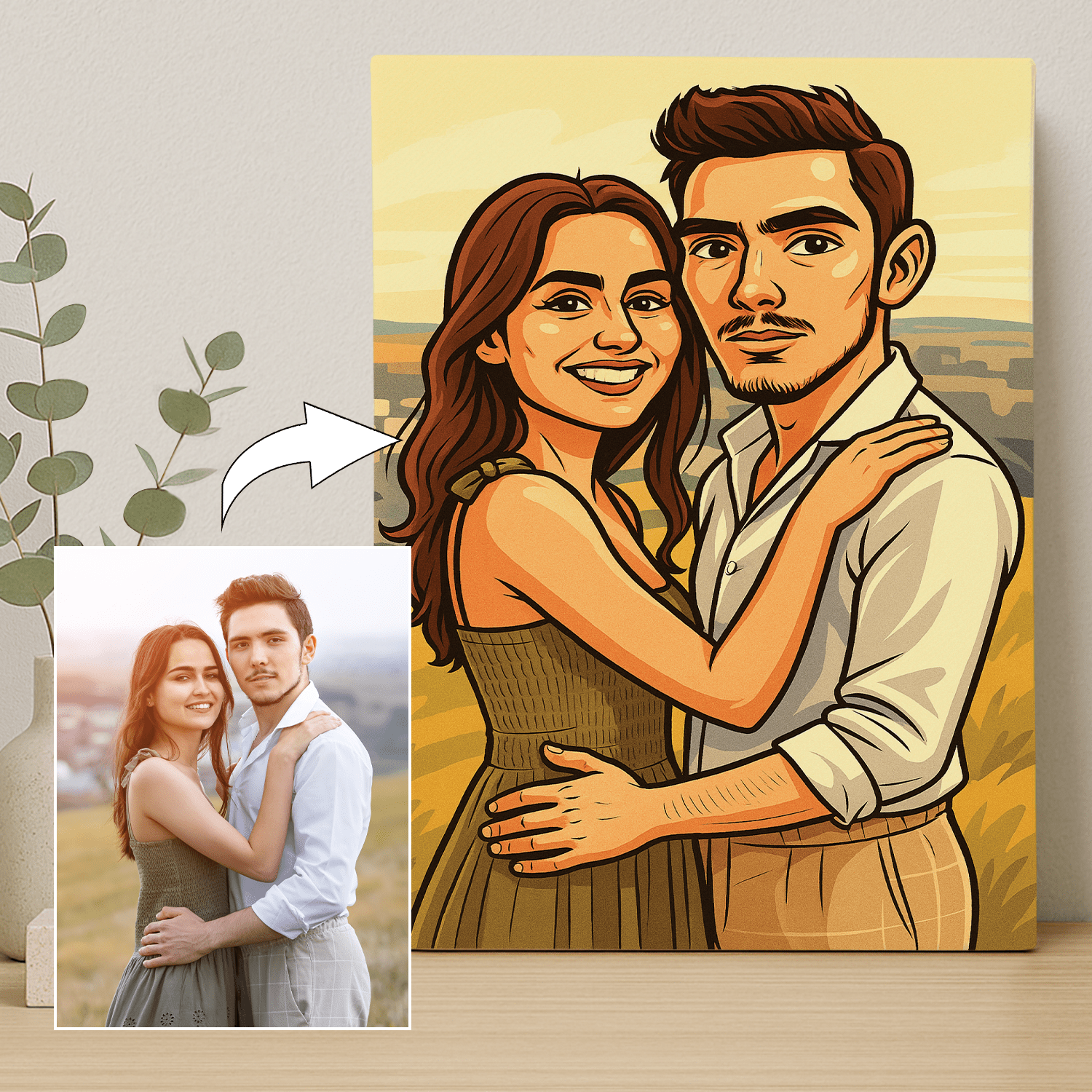 Zakochani w stylu kreskówkowego realizmu - portret na płótnie dla pary - Emmygift.pl