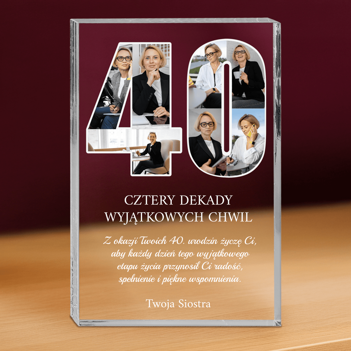 Życzenia dla siostry na 40. - personalizowany druk na grubym szkle dla siostry - Emmygift.pl