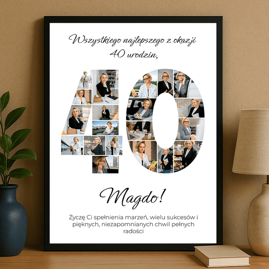 Życzenia na 40. z kolażem zdjęć - personalizowany plakat dla kobiety - Emmygift.pl