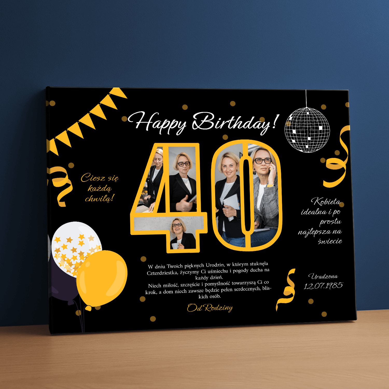 Życzenia na 40.+ zdjęcia - kolaż na płótnie dla kobiety - Emmygift.pl