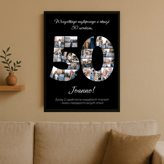 Życzenia na 50. + kolaż zdjęć - personalizowany plakat dla kobiety - Emmygift.pl