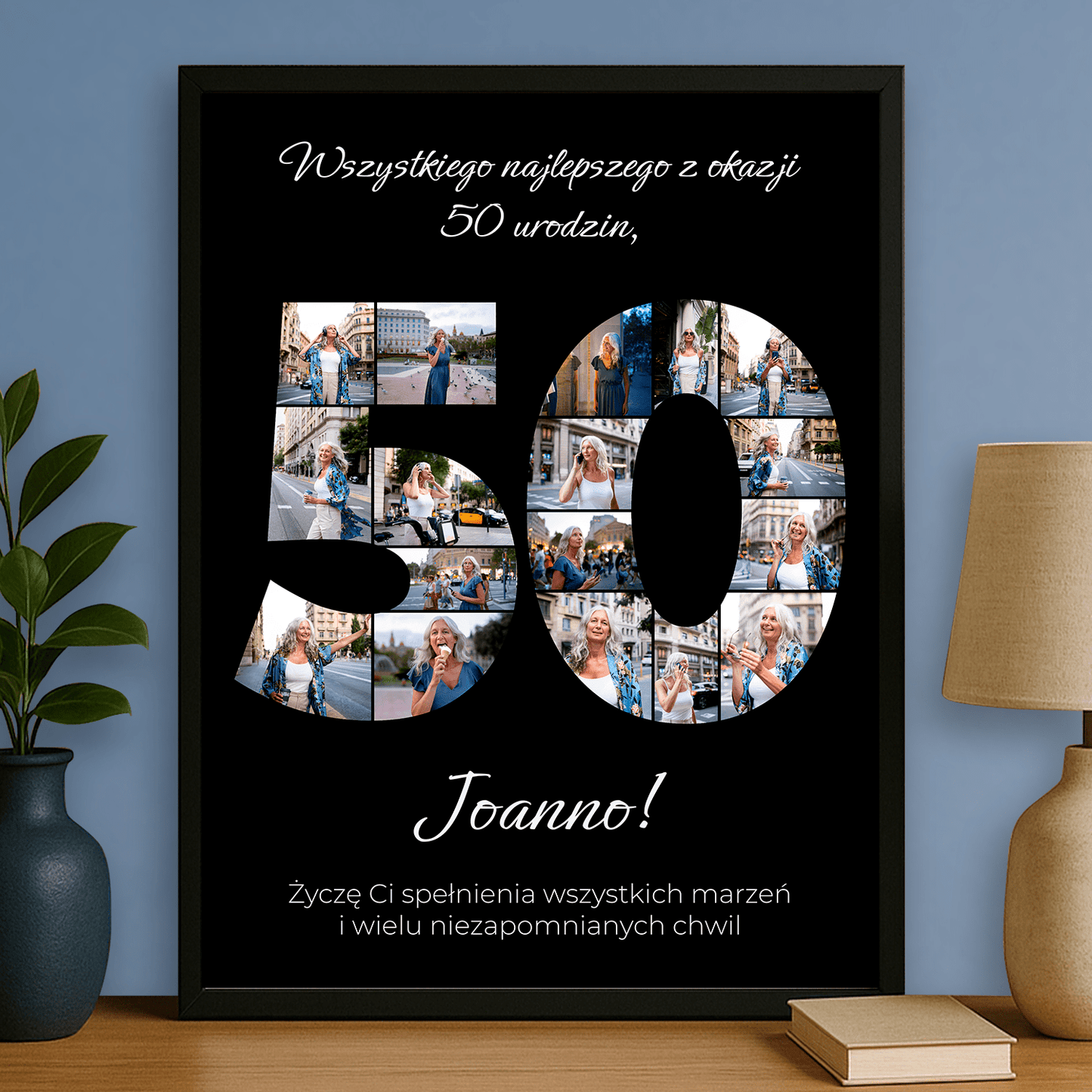 Życzenia na 50. + kolaż zdjęć - personalizowany plakat dla kobiety - Emmygift.pl