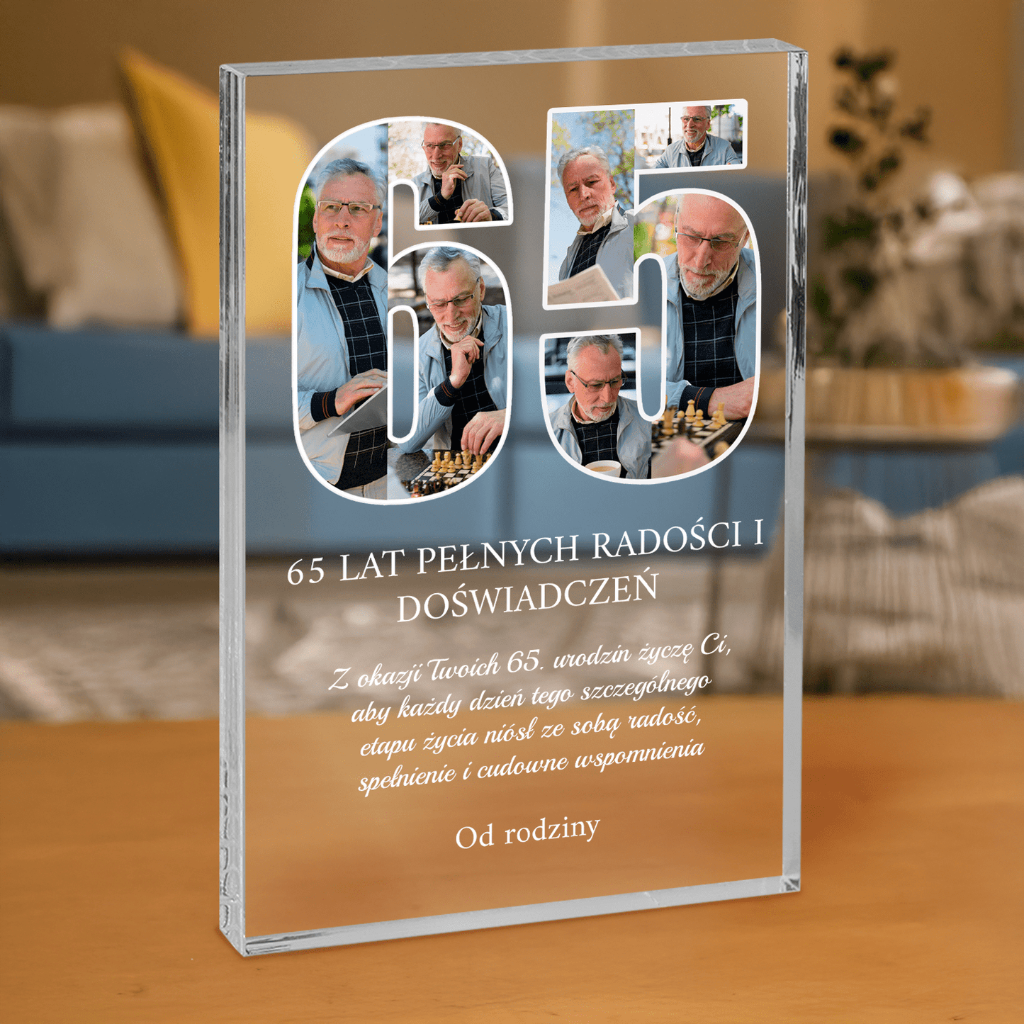 Życzenia na 65 urodziny - personalizowany druk na grubym szkle dla mężczyzny - Emmygift.pl