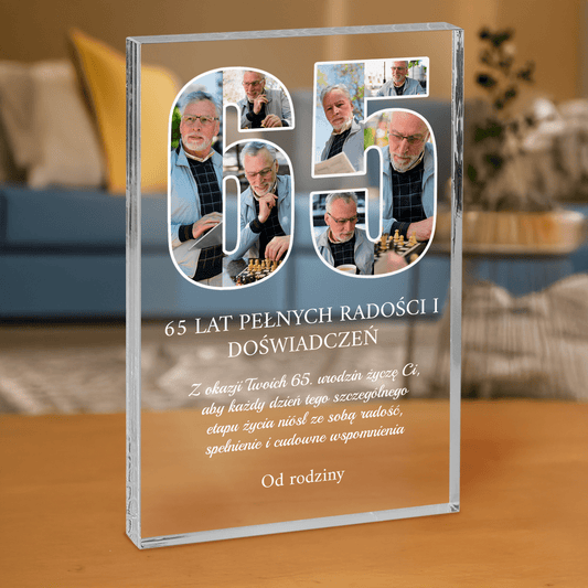 Życzenia na 65 urodziny - personalizowany druk na grubym szkle dla mężczyzny - Emmygift.pl