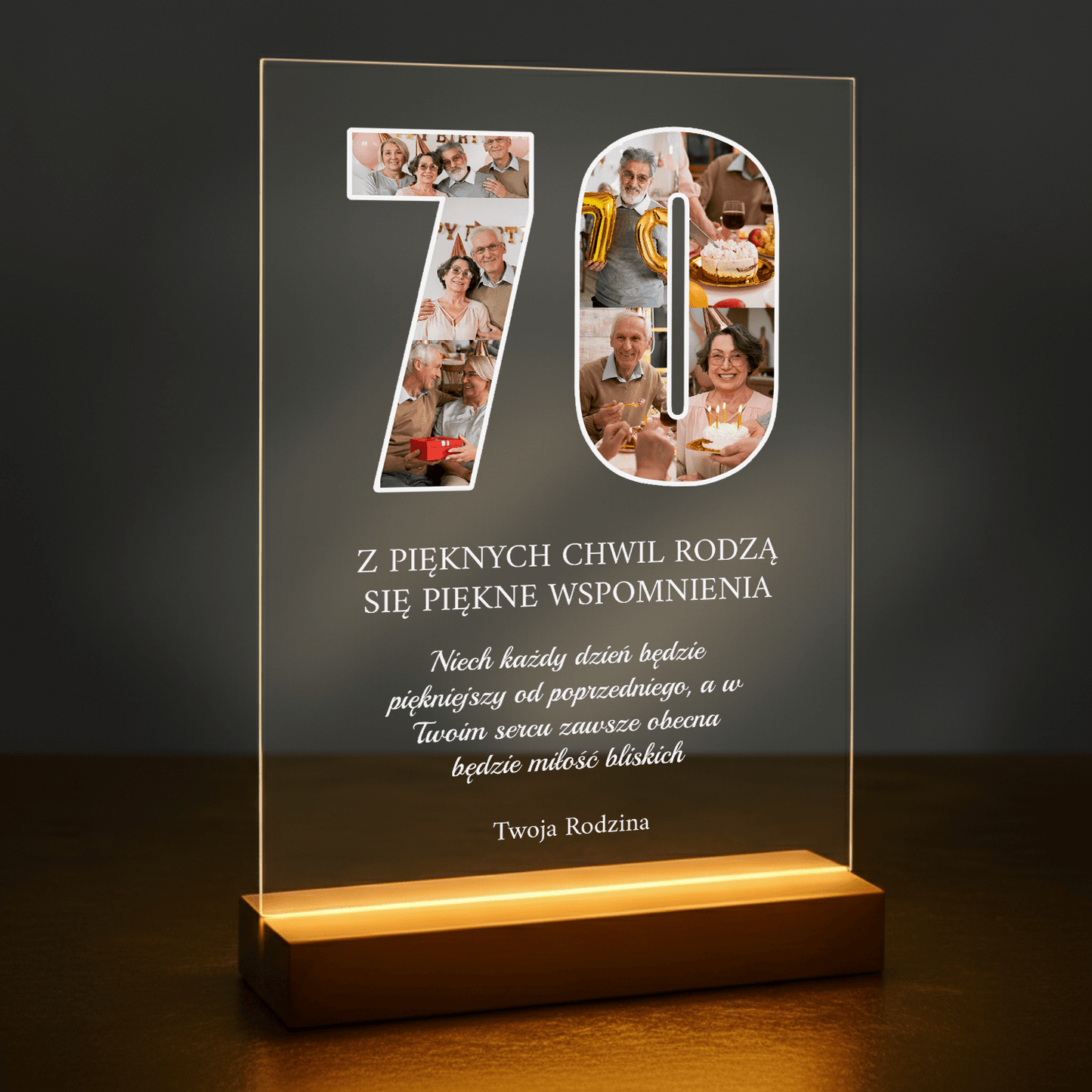 Życzenia na 70. - druk na szkle akrylowym na urodziny - Emmygift.pl