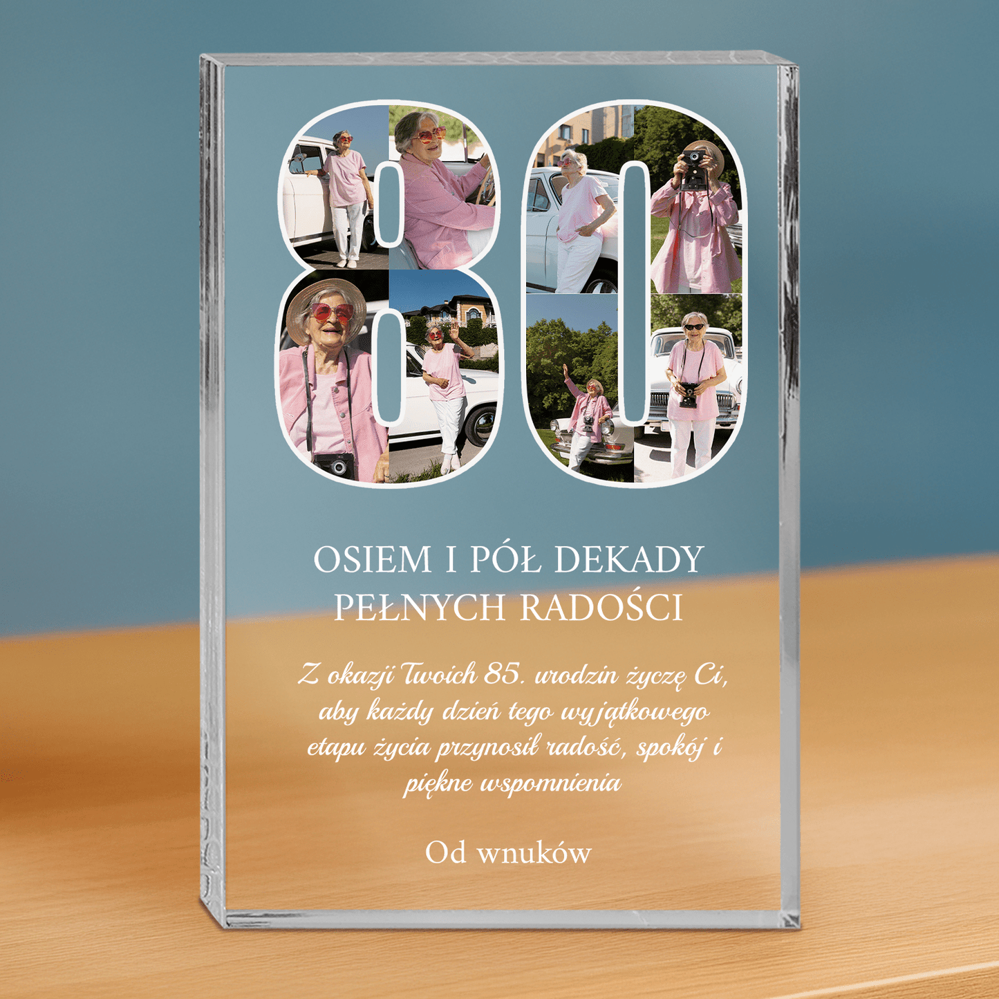Życzenia na 80 urodziny - personalizowany druk na grubym szkle dla babci - Emmygift.pl