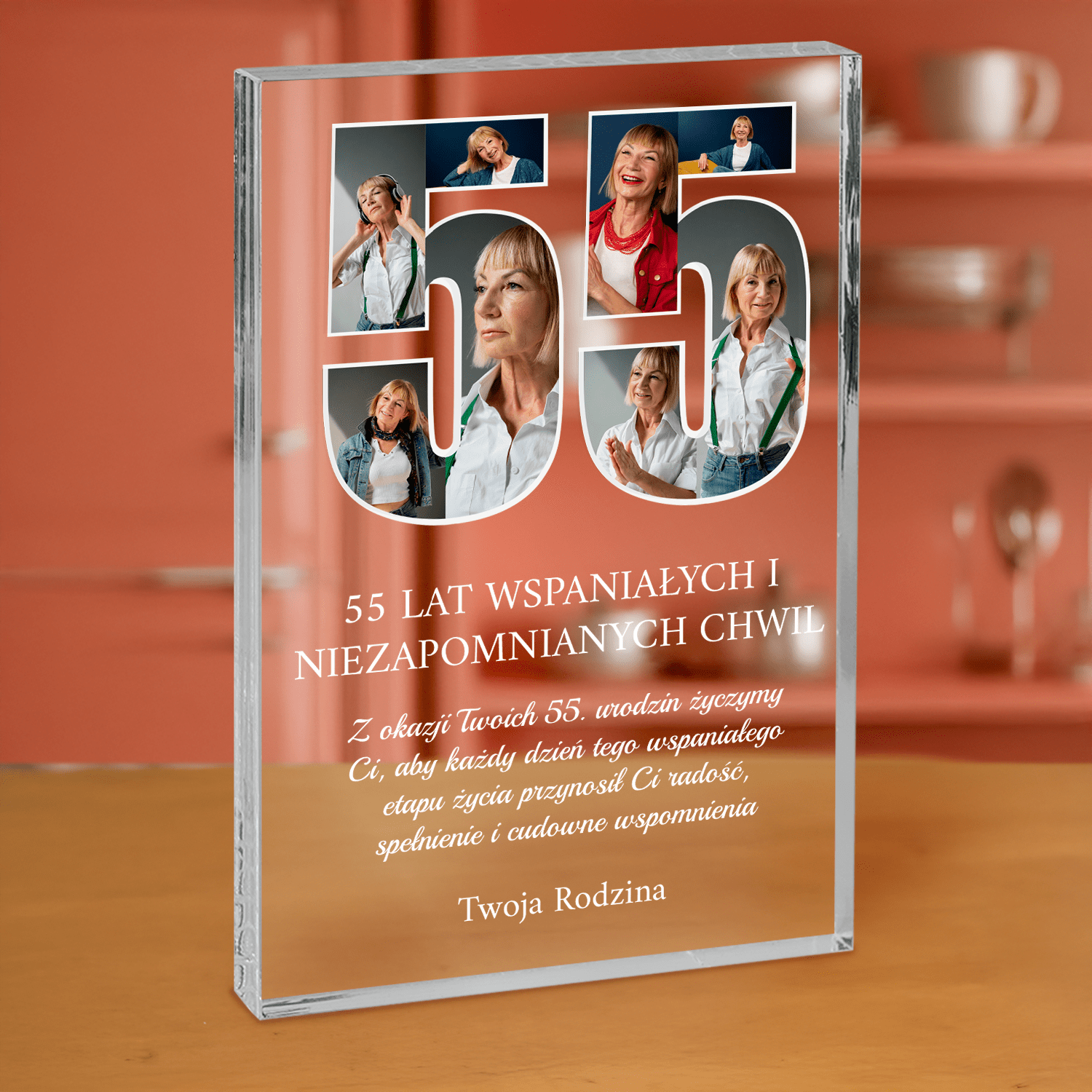 Życzenia od rodziny na 55 urodziny - personalizowany druk na grubym szkle dla mamy - Emmygift.pl