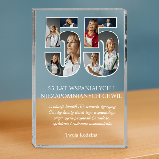 Życzenia od rodziny na 55 urodziny - personalizowany druk na grubym szkle dla mamy - Emmygift.pl