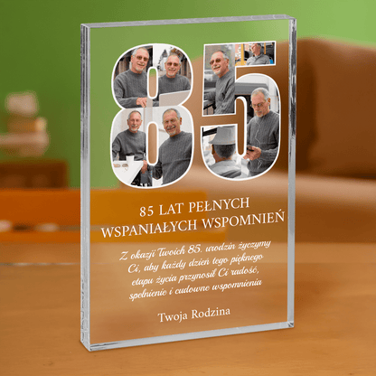 Życzenia od rodziny na 85 urodziny - personalizowany druk na grubym szkle dla dziadka - Emmygift.pl