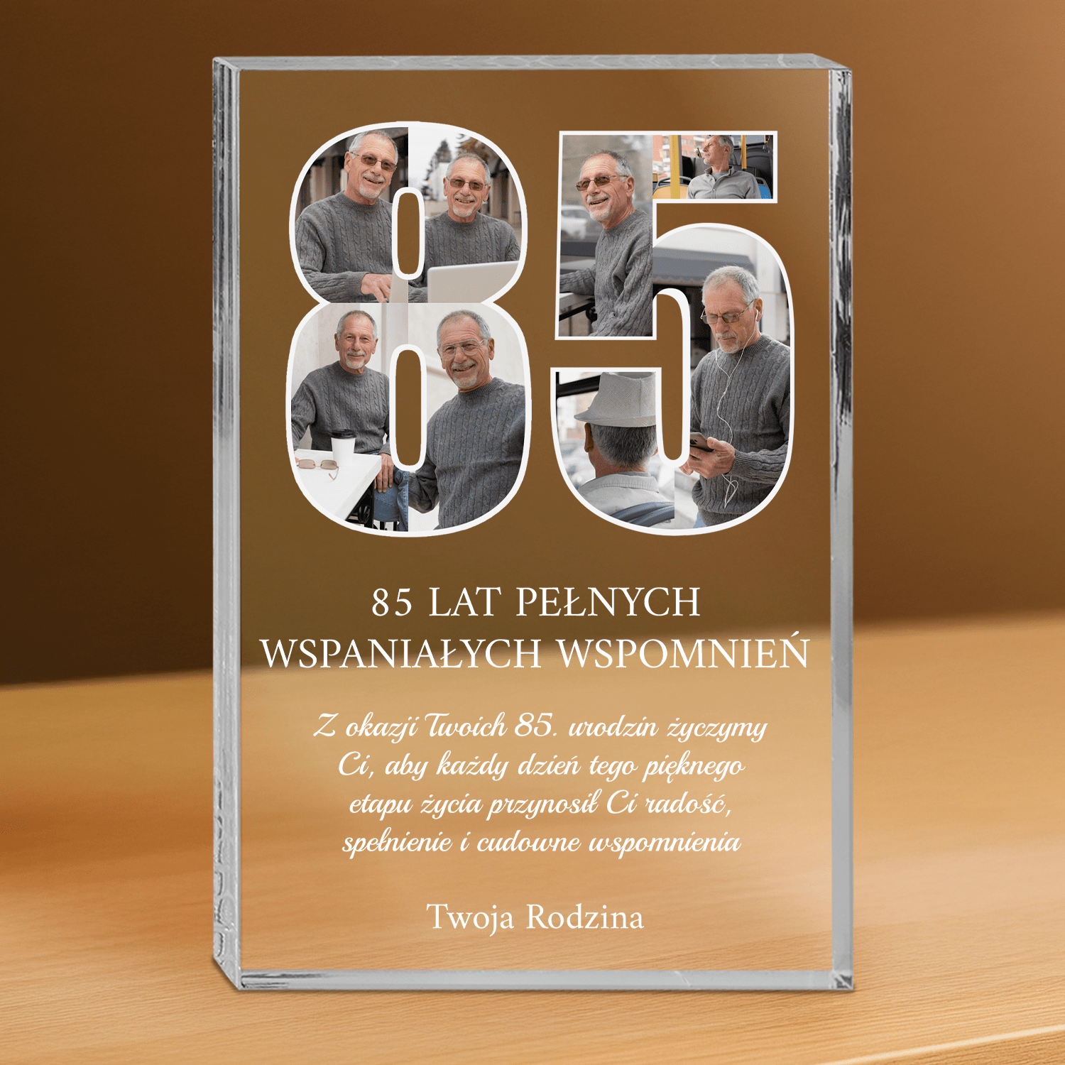 Życzenia od rodziny na 85 urodziny - personalizowany druk na grubym szkle dla dziadka - Emmygift.pl