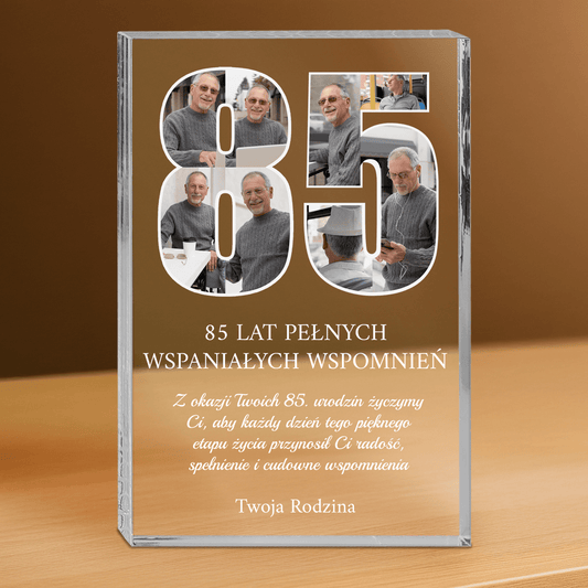 Życzenia od rodziny na 85 urodziny - personalizowany druk na grubym szkle dla dziadka - Emmygift.pl