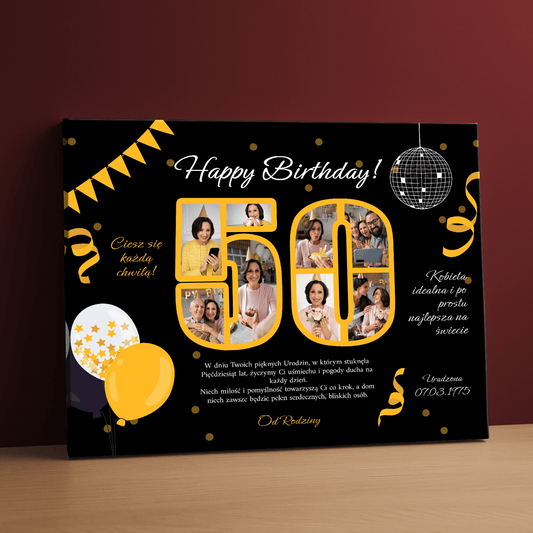 Życzenia urodzinowe na 50.+ zdjęcia - kolaż na płótnie dla kobiety - Emmygift.pl